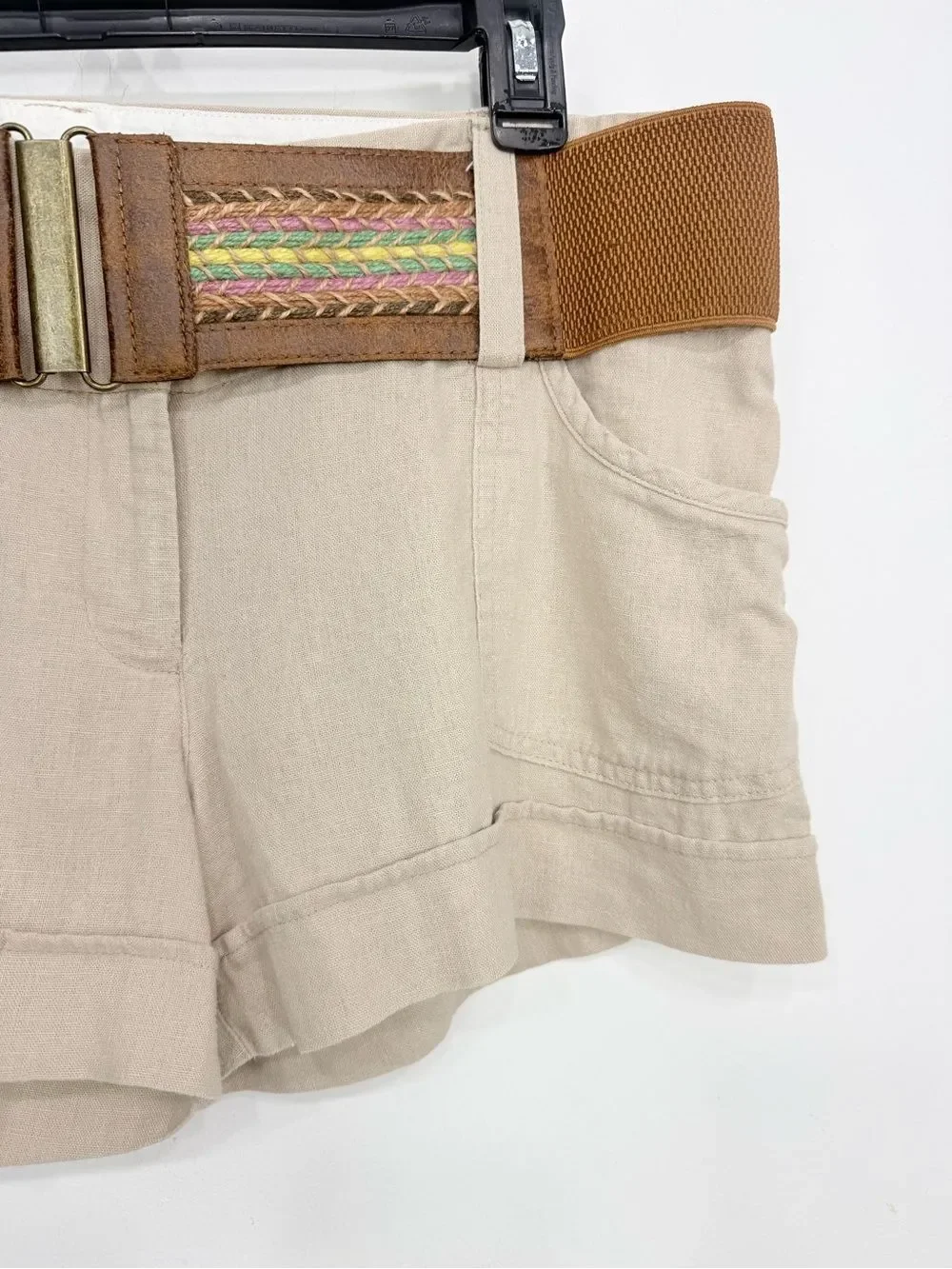 Maurices Tan Linen Blend Boho Weave Stretch Belt Shortie Shorts